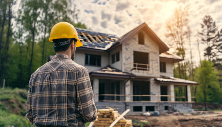 A man in a yellow helmet on the background of a new house.の素材