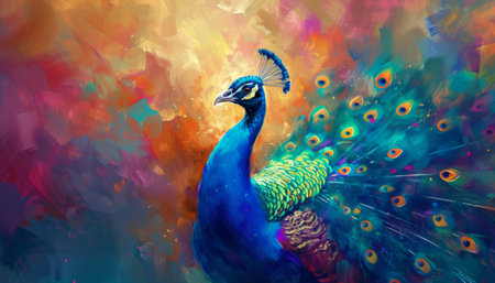 Colorful peacock on multicolored background. Digital painting.の素材