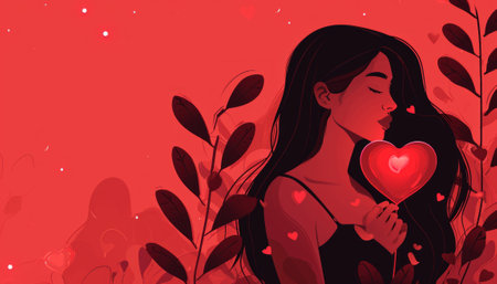 Valentine's day card with beautiful girl and heart. Vector illustration.の素材