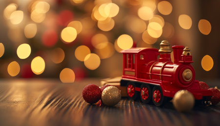 Toy train with Christmas balls on bokeh background. Christmas and New Year conceptの素材