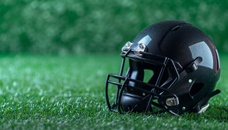 American football helmet on green grass with copy space. Close-up.の素材