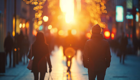 Silhouettes of people walking on the street in the evening.の素材