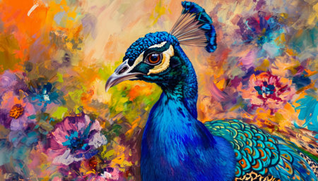 Peacock on a colorful background. Digital painting of peacock.の素材