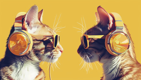 Two cats wearing headphones and listening to music on a yellow background.の素材