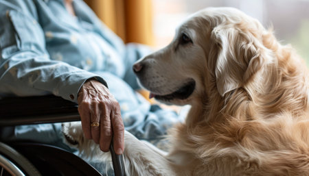 Senior woman in wheelchair with golden retriever dog at home, closeupの素材