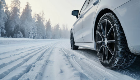 Car on winter road. Car on the snow-covered road.の素材