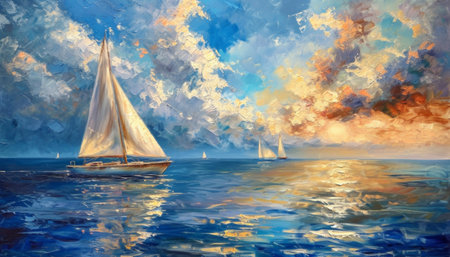 Sailing boat on the sea. Oil painting on canvas. Hand drawn illustration.の素材