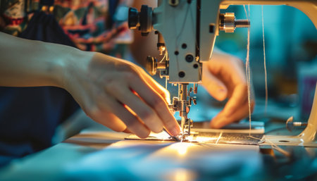 Close up of sewing machine and woman hands working on sewing machine.の素材