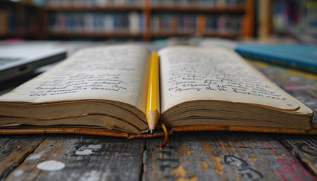 Open book and pencil on wooden table in library. Education concept.の素材