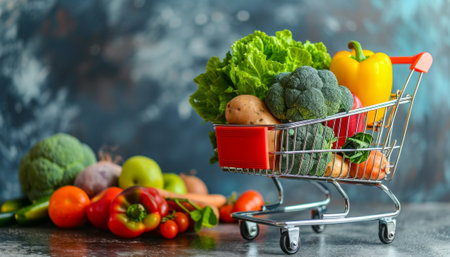 Fresh vegetables in shopping cart on dark background. Healthy food concept.の素材