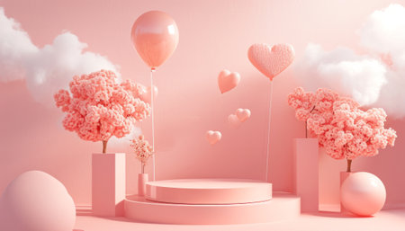 3d render, abstract background, pastel color, minimal product display podium, heart shaped balloons, clouds, flowersの素材