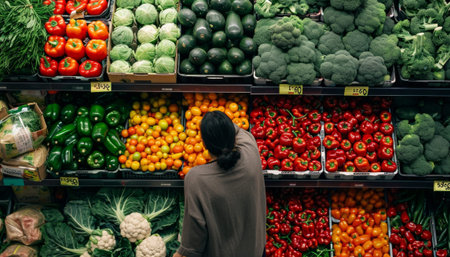 Woman shopping at the grocery store. Rear view of a young woman choosing vegetables in the supermarket.の素材