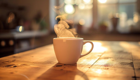 Coffee cup on the wooden table in coffee shop, stock photoの素材
