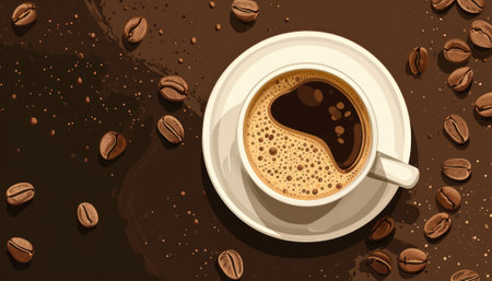 Coffee cup and coffee beans on brown background. Vector illustrationの素材