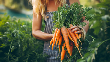 Cropped image of young woman holding bunch of fresh carrots in gardenの素材