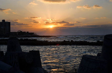 Sunset at the seaside in Alexandria, Egypt.の写真素材