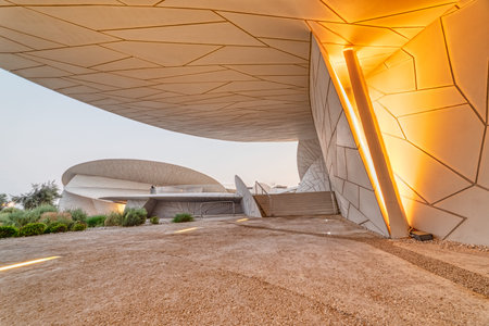 Doha, Qatar-October 25,2019 :National Museum of Qatar (Desert rose) exterior  view at sunset