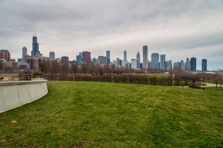 Chicago,USA- November 30,2015: Chicago Skyline  from the lawn at the Field Museum daylight view with clouds in the skyのeditorial素材