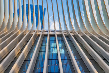 New York City, USA - December 19, 2019: World Trade Center Transportation Hub ( Oculus) designed by Santiago Calatrava architect in Financial District day light low angle close up viewのeditorial素材