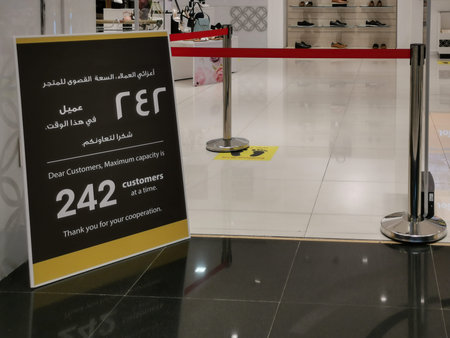 A sign in front of a store in Qatar mall, Doha,Qatar stating the limit of the number of customers...