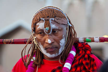 Portrait of African man  wearing Traditional tribe costume with blurred background shot taken during African festival in Katara cultural villageのeditorial素材
