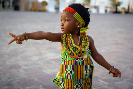 Portrait of African girl wearing Traditional tribe costume with blurred background shot taken during African festival in Katara cultural villageのeditorial素材