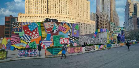 Mural art (Graffiti) at the world Trade plaza in Lower Manhattan New York daylight view with people walkingのeditorial素材