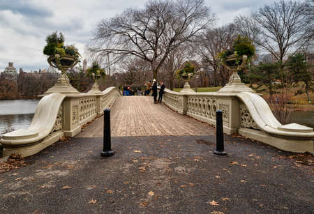The bow bridge in central park, New York city daylight view with people standing on the bridge , clouds, trees and Manhattan skyline in backgroundのeditorial素材