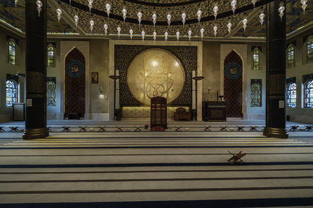 Katara mosque (the blue mosque or The masjid of Katara) in Katara cultural village, Doha Qatar interior view showing the Prayer hall designed by Turkish female architect Zainab Fadil Ogluのeditorial素材