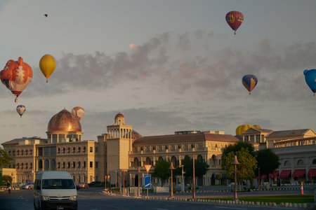 Hot air balloons in Katara Cultural village in Doha, Qatar daylight view with clouds in the sky in backgroundのeditorial素材