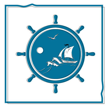 Summer vacation and holiday. Sea, boat with a white sail, waves, seagulls flat vector illustration. Simple summer set, icon of summer timeのイラスト素材
