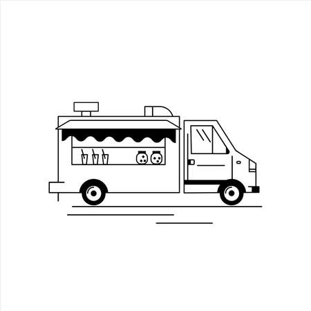 Holiday food truck icon. Outline holiday food truck vector icon for web design isolated on white background. Line art vector illustration of street food truck. black and white vanのイラスト素材