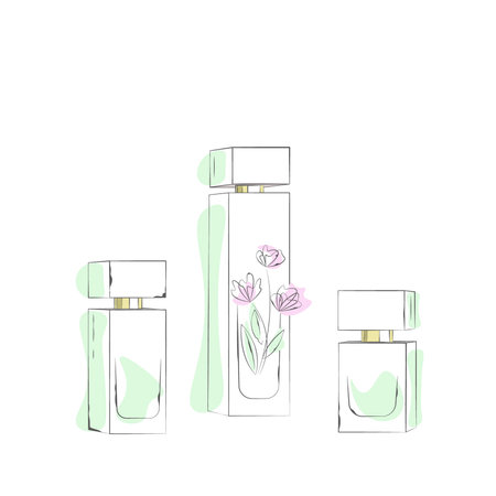 Set of eau de toilette bottles. Aroma of green tea. Fresh perfume isolated on white background with floral motifs flat vector iconのイラスト素材