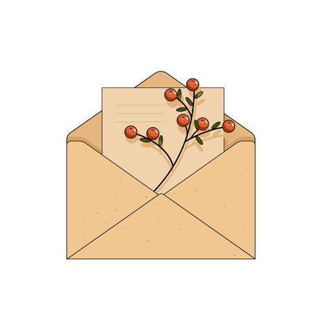 Envelope with a postcard and decor with a branch of autumn berries isolated on a white backgroundのイラスト素材