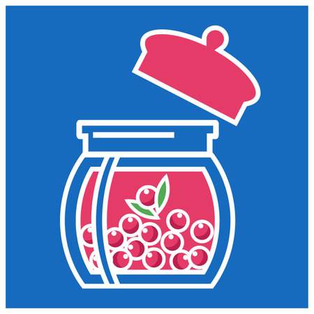 Glass jar with jam and berries flat vector illustration on blue backgroundのイラスト素材