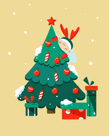 Cartoon Christmas card with christmas tree, toys, gifts and angel bright funny vectorのイラスト素材