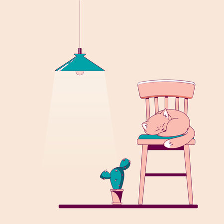Cozy house and minimalist design. A cat, a lamp, a chair and a cactus. flat vector illustrationのイラスト素材