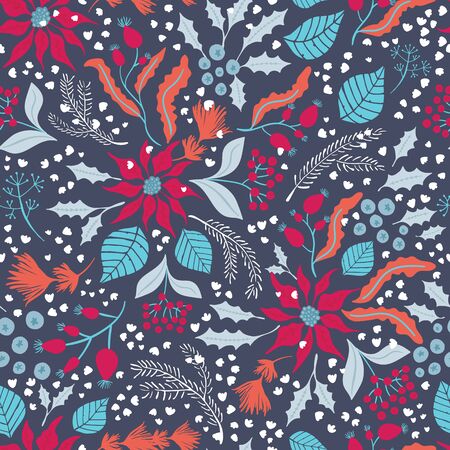 Seamless pattern with poinsettia flowers blooms on Christmas Eve. Vector illustration for background, wallpaper, wrapper, scrapbook and or textile/ fabric.のイラスト素材