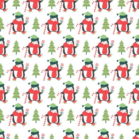 Seamless pattern with cute penguins ice skating with candy cane and Christmas tree. Cute illustration. Season greeting. Winter Xmas holidays.のイラスト素材