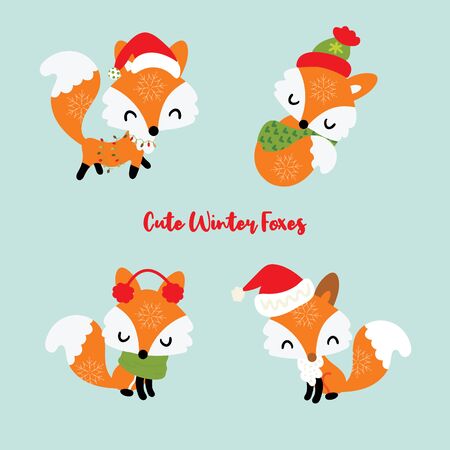 Set of four little winter foxes with Christmas lights, scarft and santa hat. Decorative elements for New year and xmas holiday. Cute collection of fox cartoon illustration.のイラスト素材