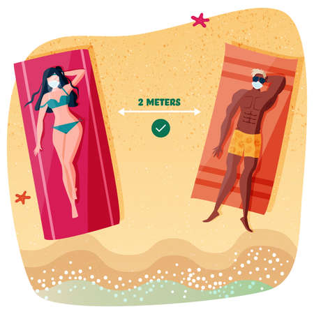New norm for sunbathing. Illustration of a couple sunbathing on the beach by wearing mask, face-shield, sunglasses and maintain distance. Precaution for virus pandemic. New normal lifestyle. Flat character illustration.のイラスト素材