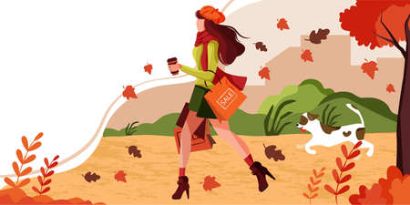 Girl walks with dog in park carry shopping bags in autumn garden with leaves falling and windy weather. Concept of banner template of Fall Season Sale for promoting discount in Mall or shop business.のイラスト素材