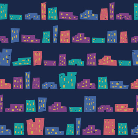 Abstract seamless pattern with colorful houses. Night cityのイラスト素材