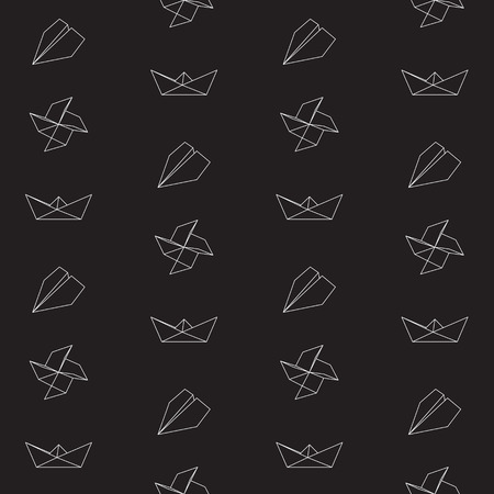 Black seamless pattern with origami shapes. Paper plane, ship, pinwheelの写真素材