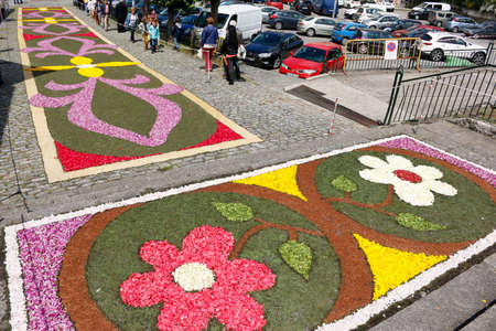 Street decorated with flower carpets to celebrate corpus christiのeditorial素材