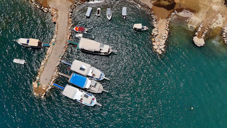 Aerial View of Docked Boats in Small Harbor