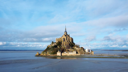 Mont Saint-Michel, Normandy, northern France abbey on tidal island aerial viewの写真素材