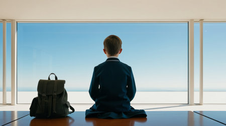 A contemplative child is situated in a modern interior space that offers a beautifully scenic viewの素材