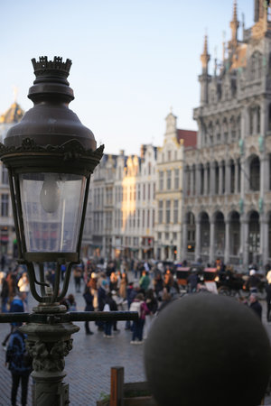 Vintage Streetlamp Overlooking Brussels Grand Placeの写真素材