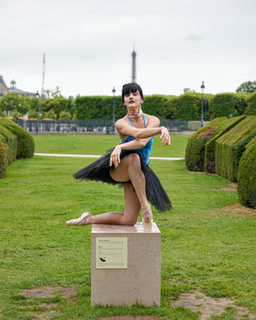 Ballet dancer in elegant pose with Eiffel Tower viewの写真素材